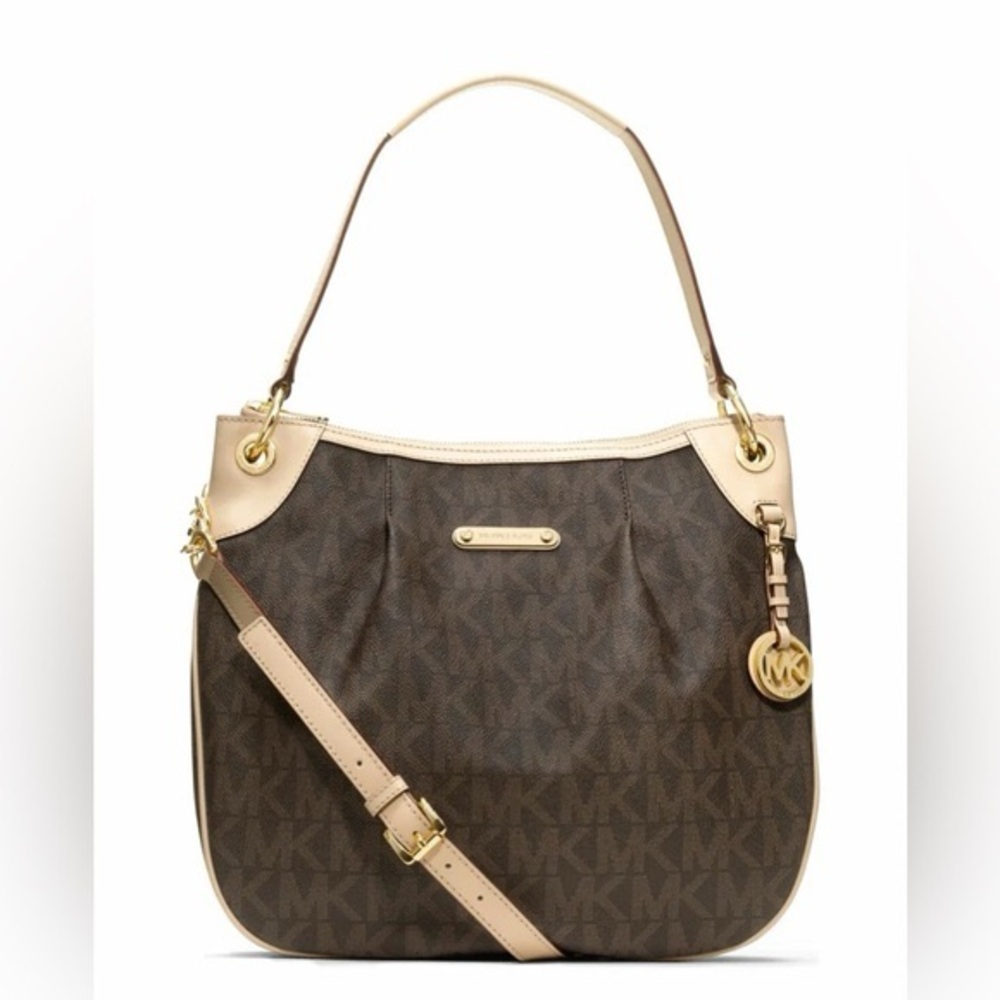 Michael Kors Brown & Beige MK Logo Shoulder Bag with Gold Hardware